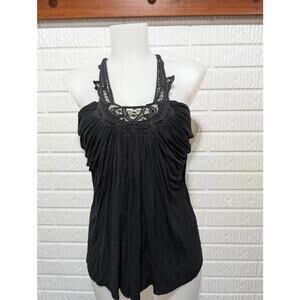 Sky Black Sleeveless Tank Top with Braided Straps & Crochet Detail Neckline Sz S
